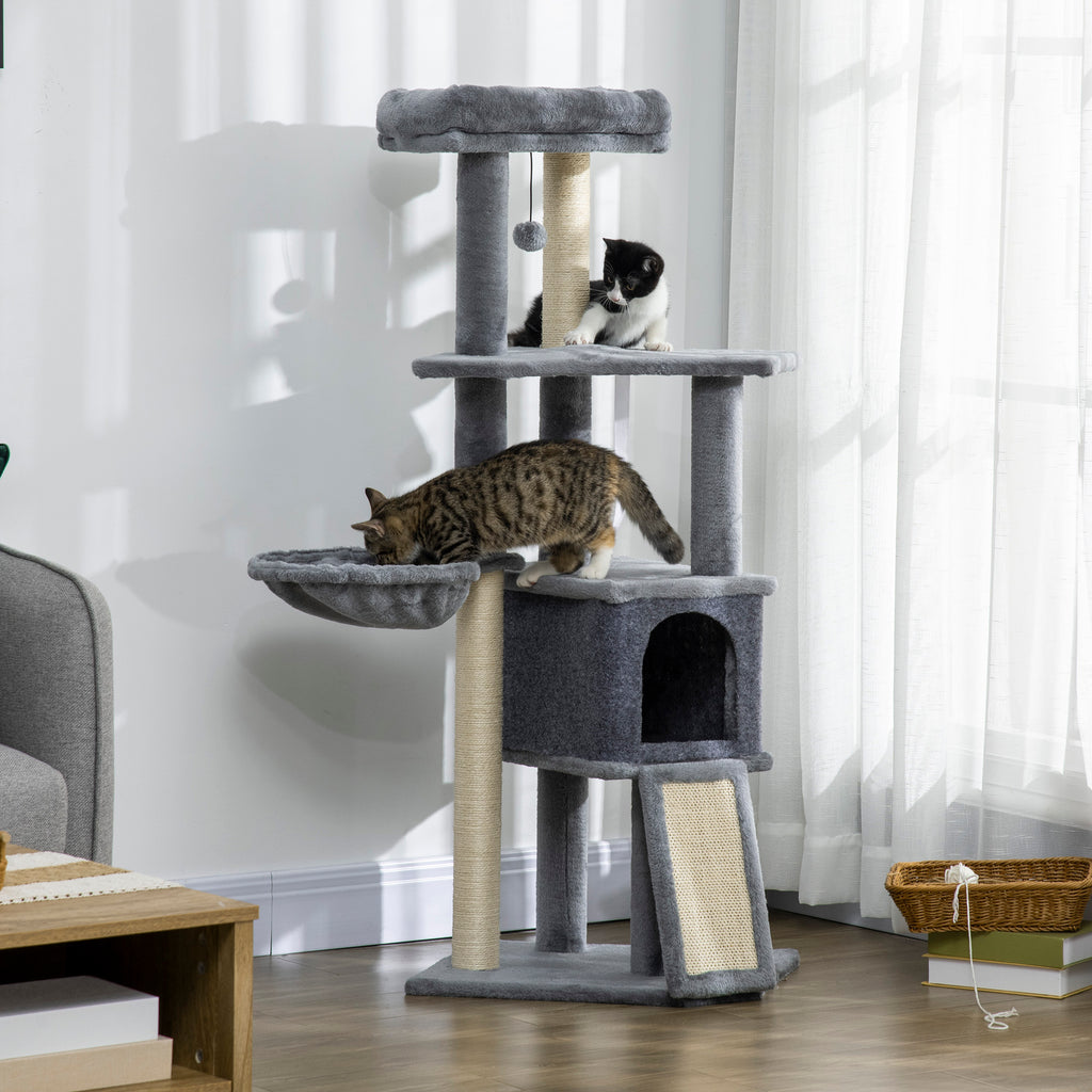 Arbre à chat centre d'activités multi-équipé griffoirs grattoir jeu boule suspendue niche plateformes gris-1