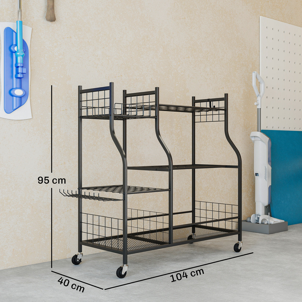 Organisateur d'Outils de Jardin en Acier à 3 Niveaux, 32 Emplacements, 4 Roues, 11 Crochets, 104x40x95cm, Noir-2