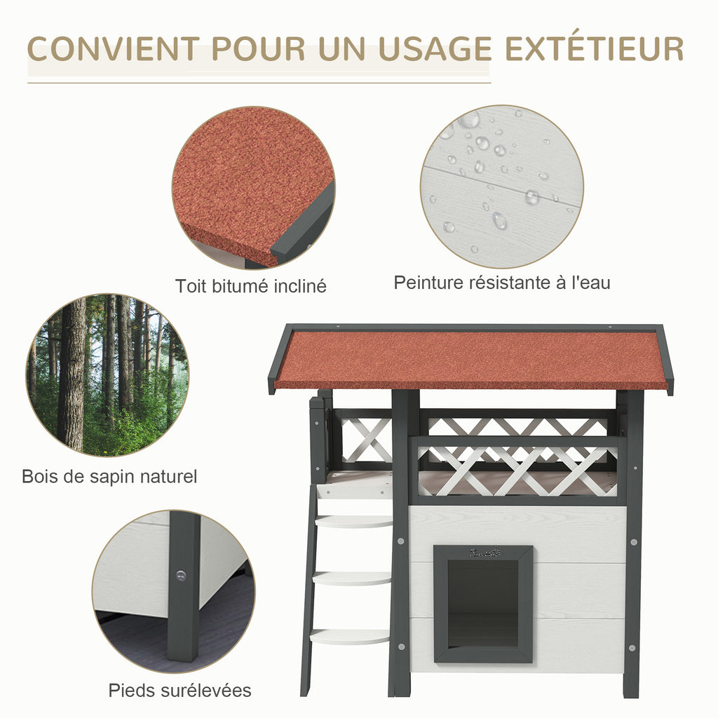 Cabane Chat Extérieur avec Terrasse, Escalier, Toit, Niche Villa, 77 x 50 x 73 cm Blanc et Rouge-4