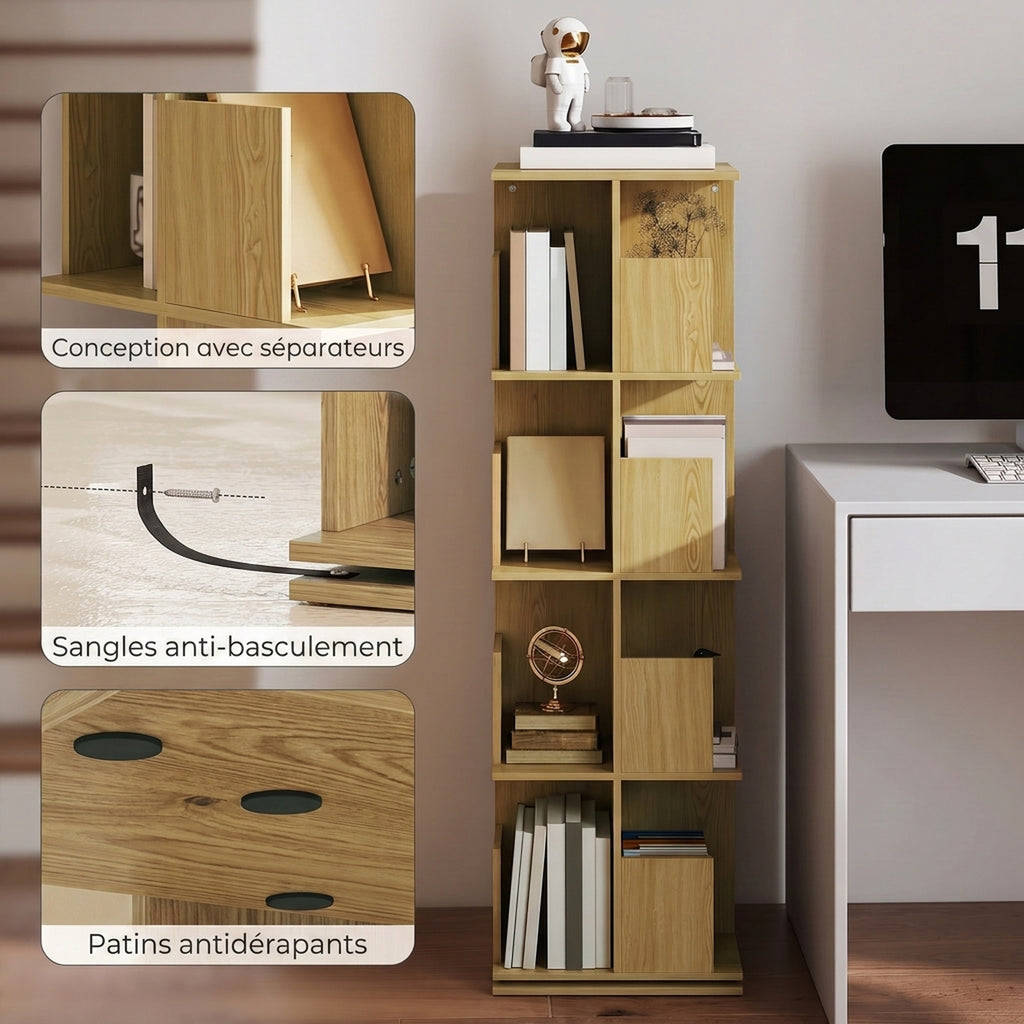 Bibliothèque Rotative à 4 Niveaux, Étagère Rangement avec 16 Compartiments, 39 x 39 x 128,3 cm, Chêne-5