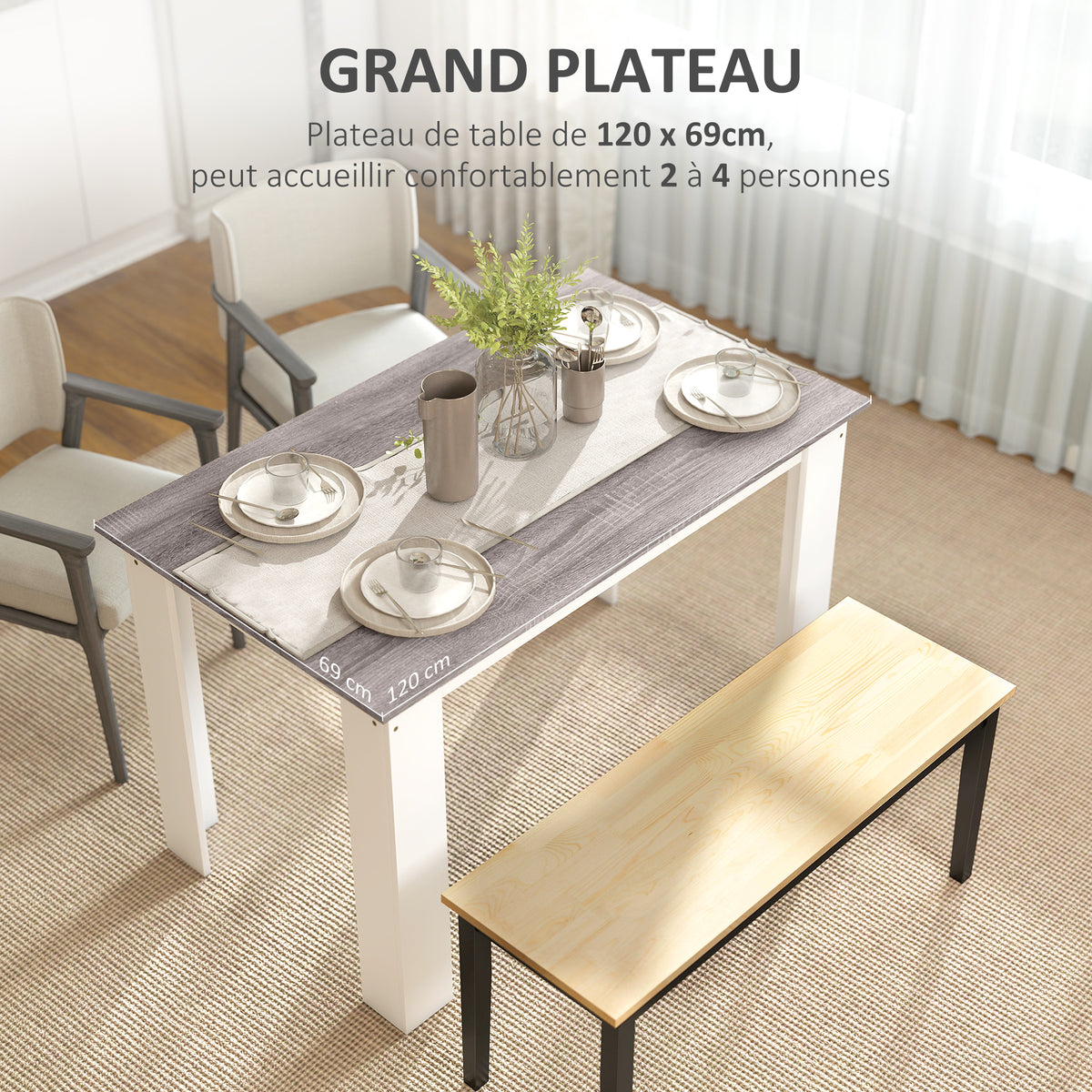 Table à manger table de cuisine moderne avec grand plateau 4-6 personnes en panneau de particules 120x69x75cm gris-4