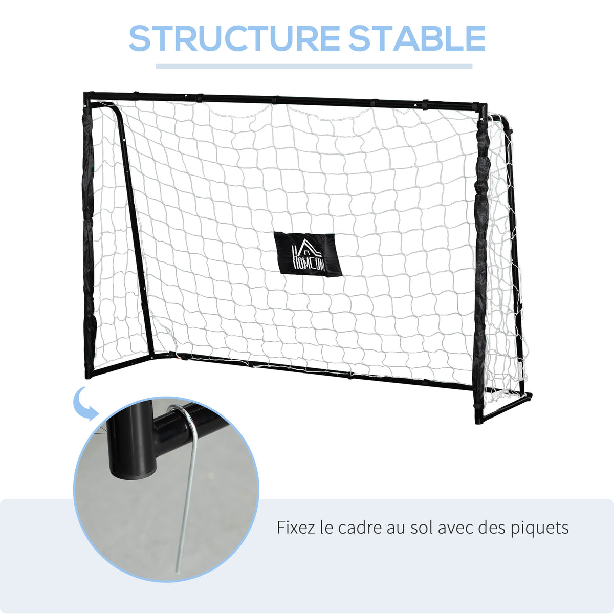 But de football cage de foot châssis métal filet PE piquets & outil inclus dim. 186L x 62l x 123H cm noir blanc-4