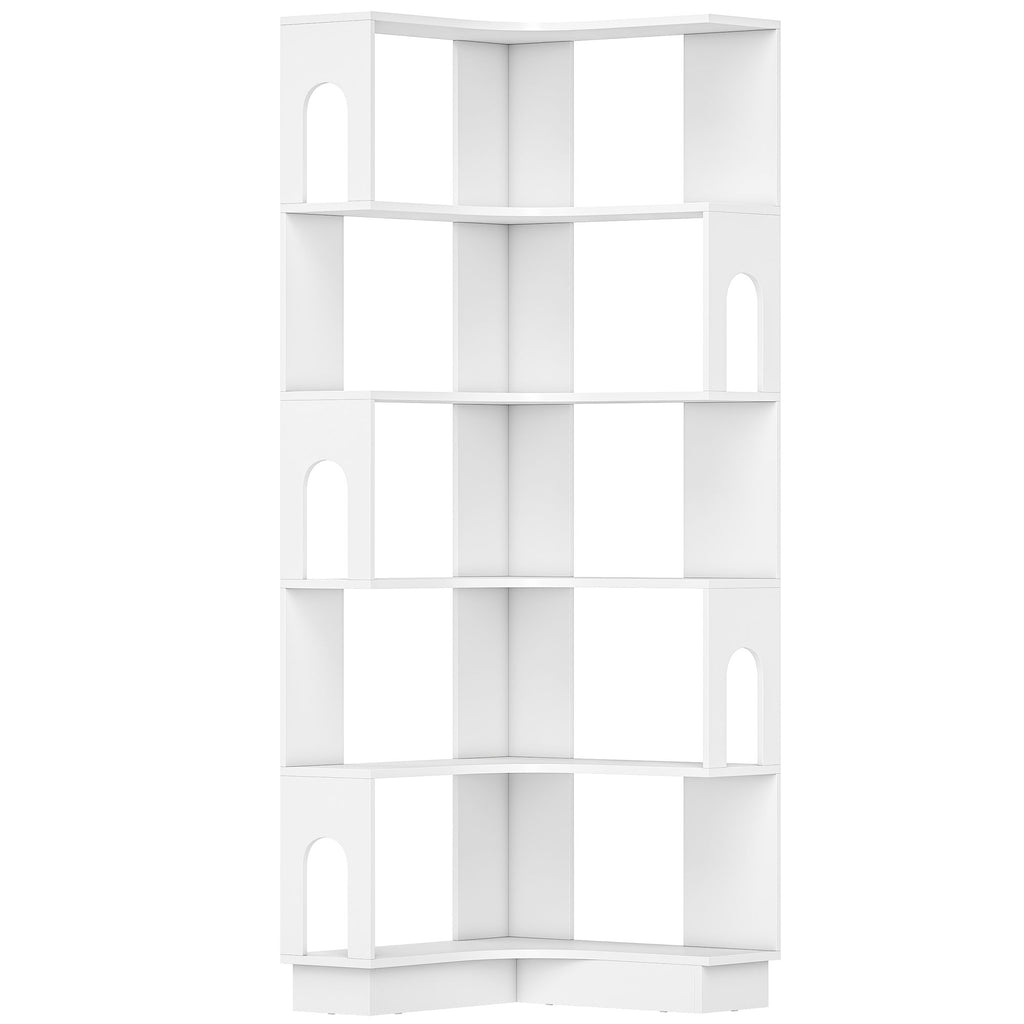 Bibliothèque d'angle, étagère de rangement à 6 niveaux avec panneaux latéraux arqués, 60 x 60 x 165,5 cm, blanc-0