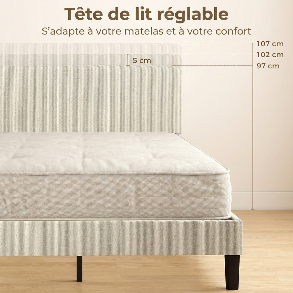 Cadre de Lit 140 x 190 cm avec Sommier, Tête Réglable, Lit Double Rembourré en Velours Côtelé, Sans Bruit, Gris Clair-3