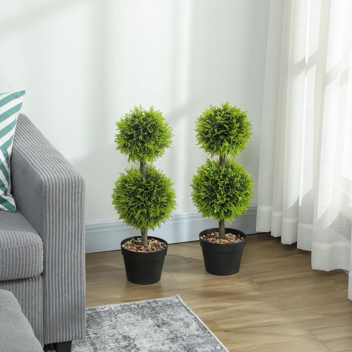 Lot de 2 plantes artificielles décoratives, boules de buis artificiel 60 cm avec pot, plastique, vert-7