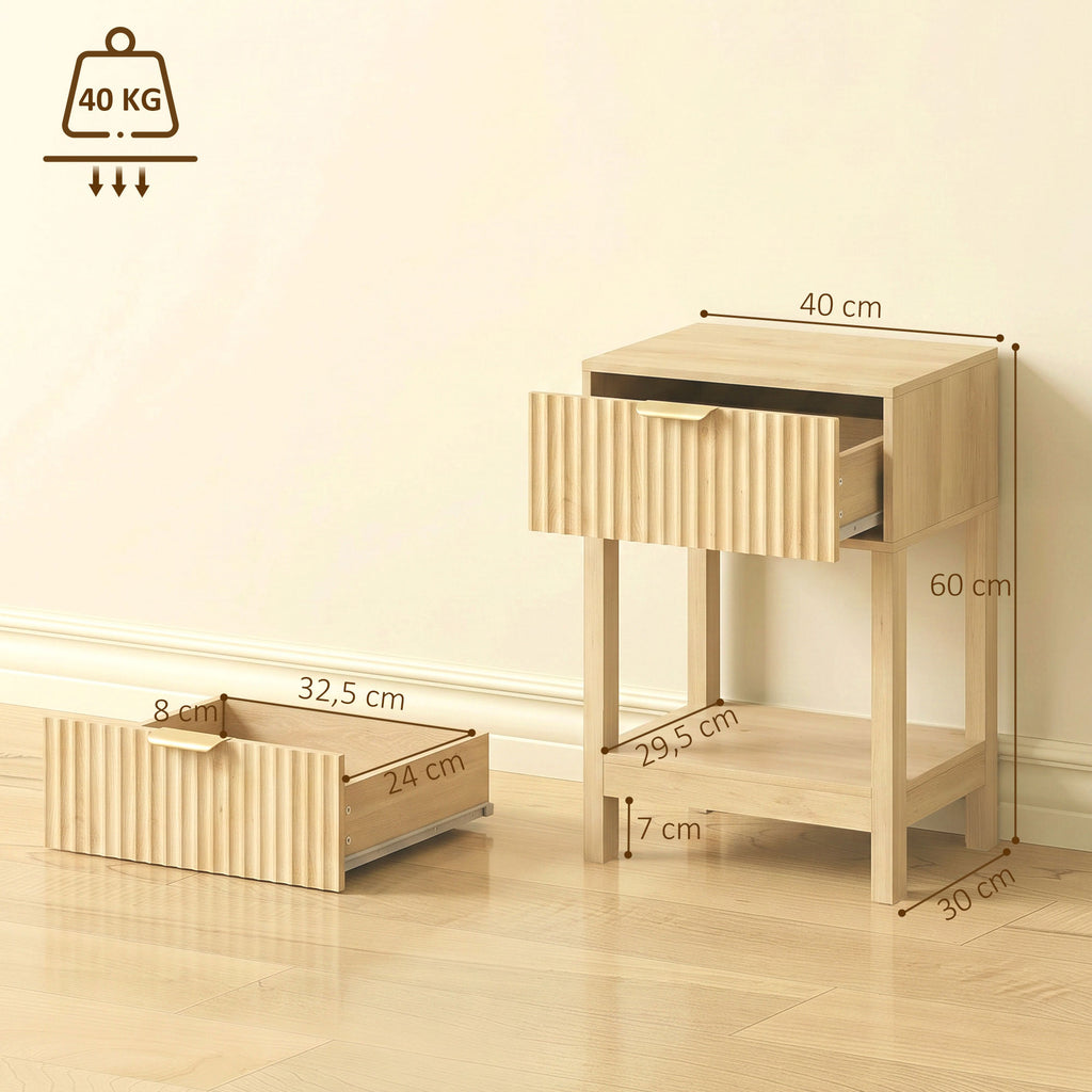 Lot de 2 Tables de Chevet, Tables d'Appoint avec Tiroir, Façade Rainurée et Étagère Ouverte, 40 x 30 x 60 cm, Chêne-2