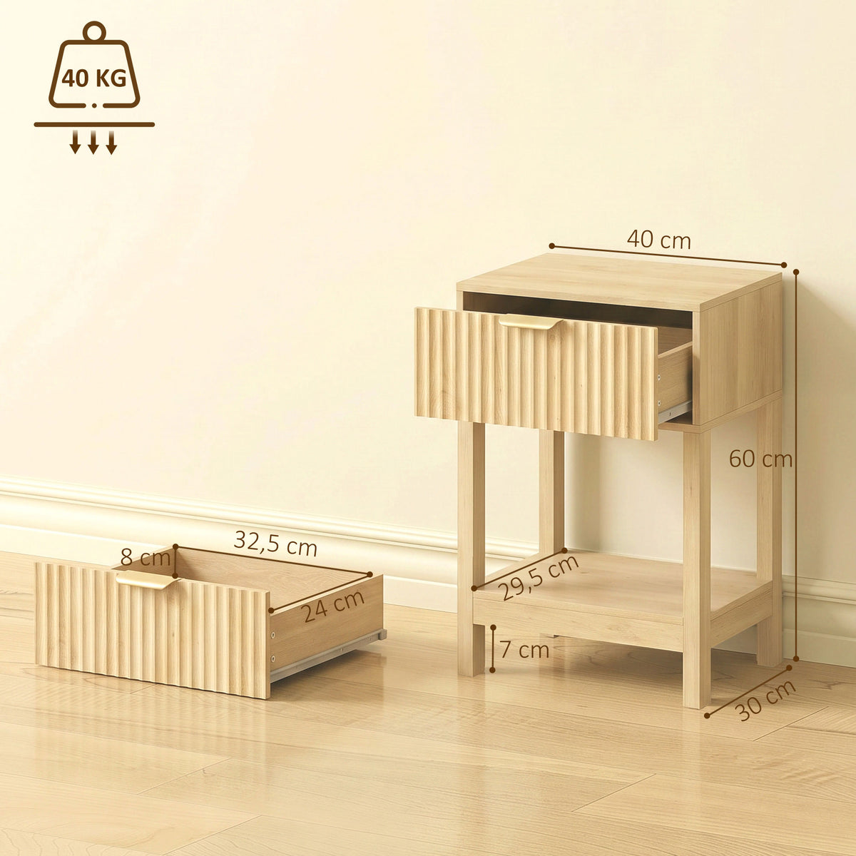 Lot de 2 Tables de Chevet, Tables d'Appoint avec Tiroir, Façade Rainurée et Étagère Ouverte, 40 x 30 x 60 cm, Chêne-2