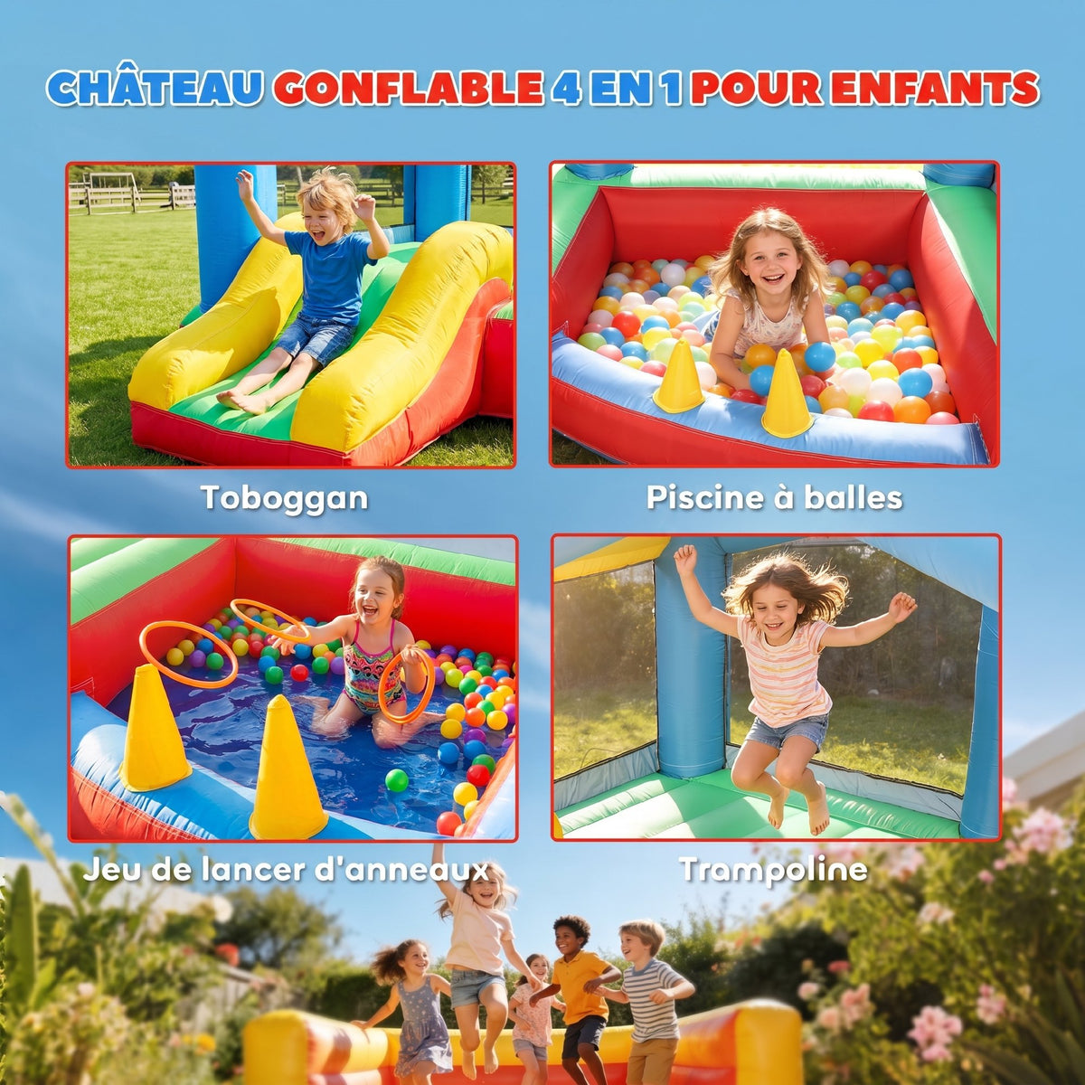 Château gonflable 4 en 1, aire de jeux avec souffleur, toboggan, piscine à balles, jeu de lancer d'anneaux, multicolore-3