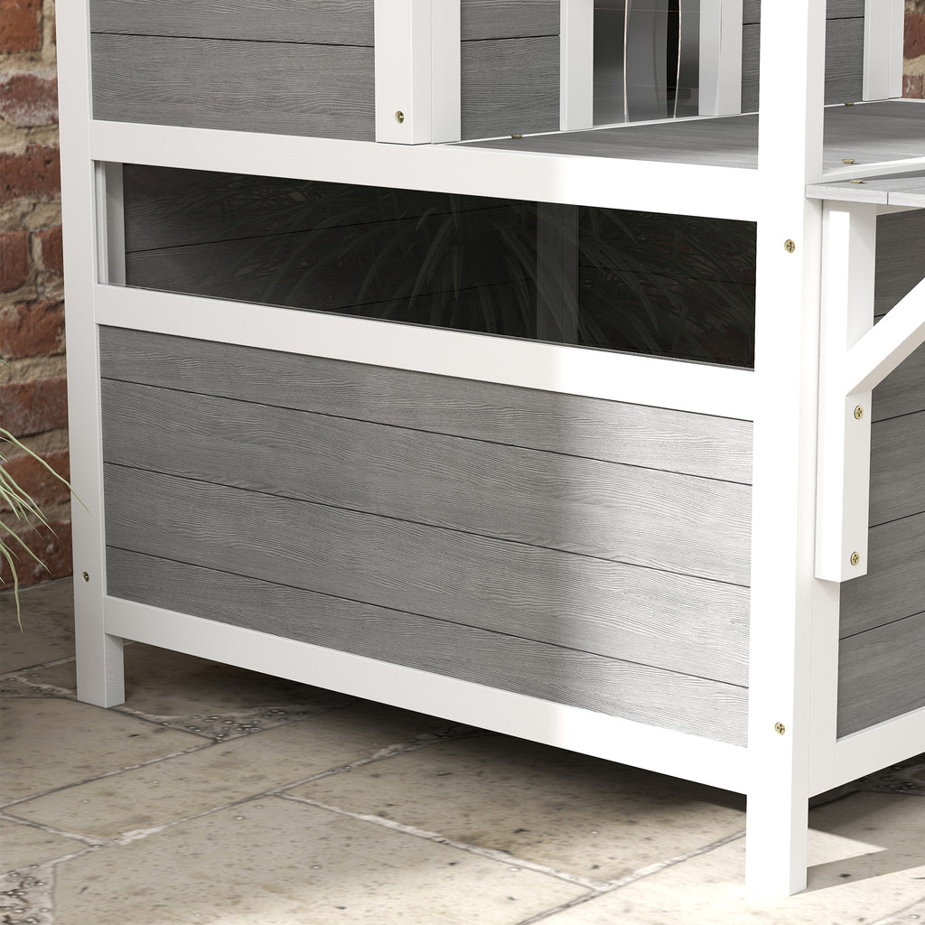 Maison pour chats 2 niveaux avec balcon abrité, toit ouvrable, extérieur, intérieur, gris clair-8