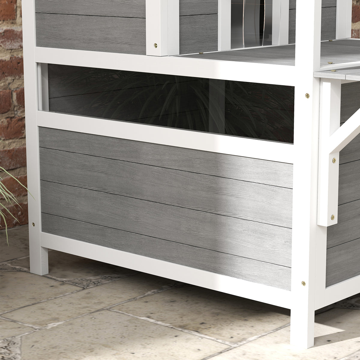 Maison pour chats 2 niveaux avec balcon abrité, toit ouvrable, extérieur, intérieur, gris clair-8