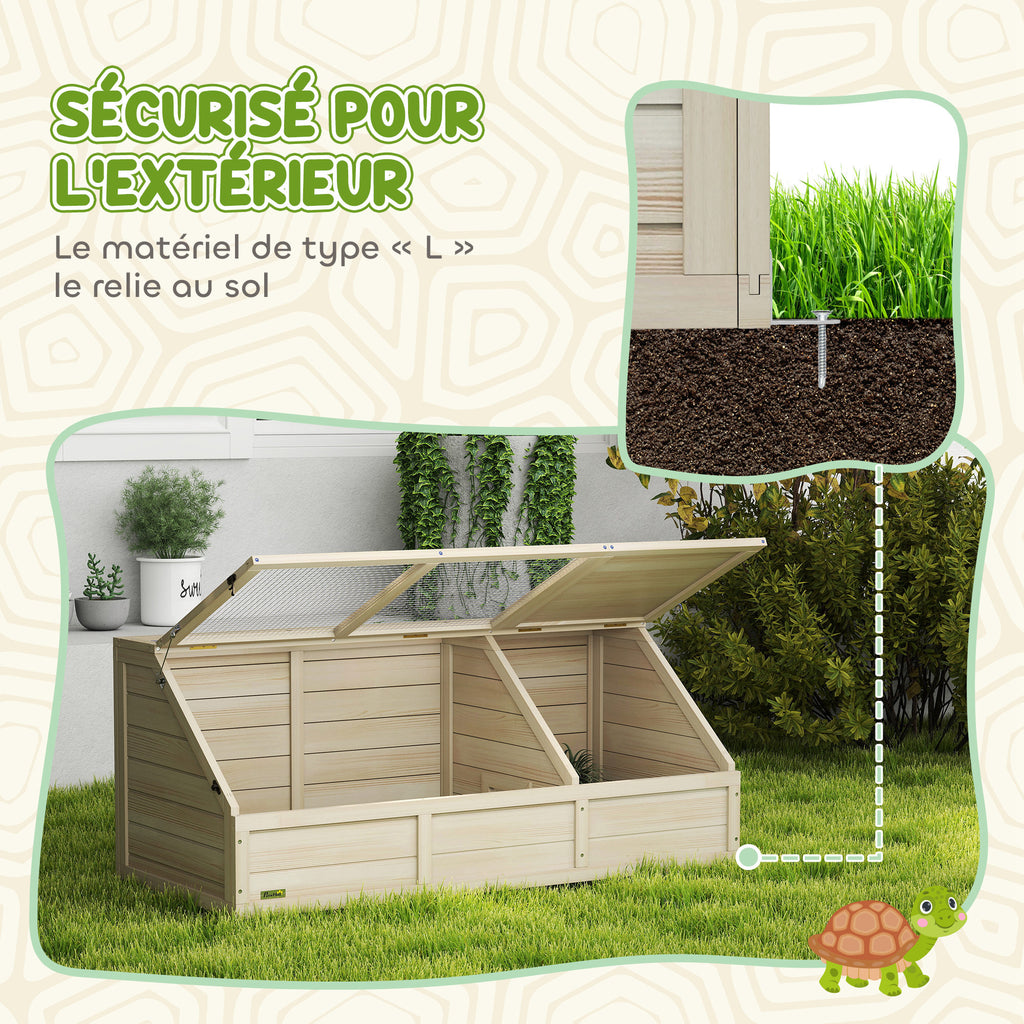 Maison enclos cage pour petit animal tortue en bois avec couvercle ouvrable, loquets, 2 espaces distincts, bois naturel-3