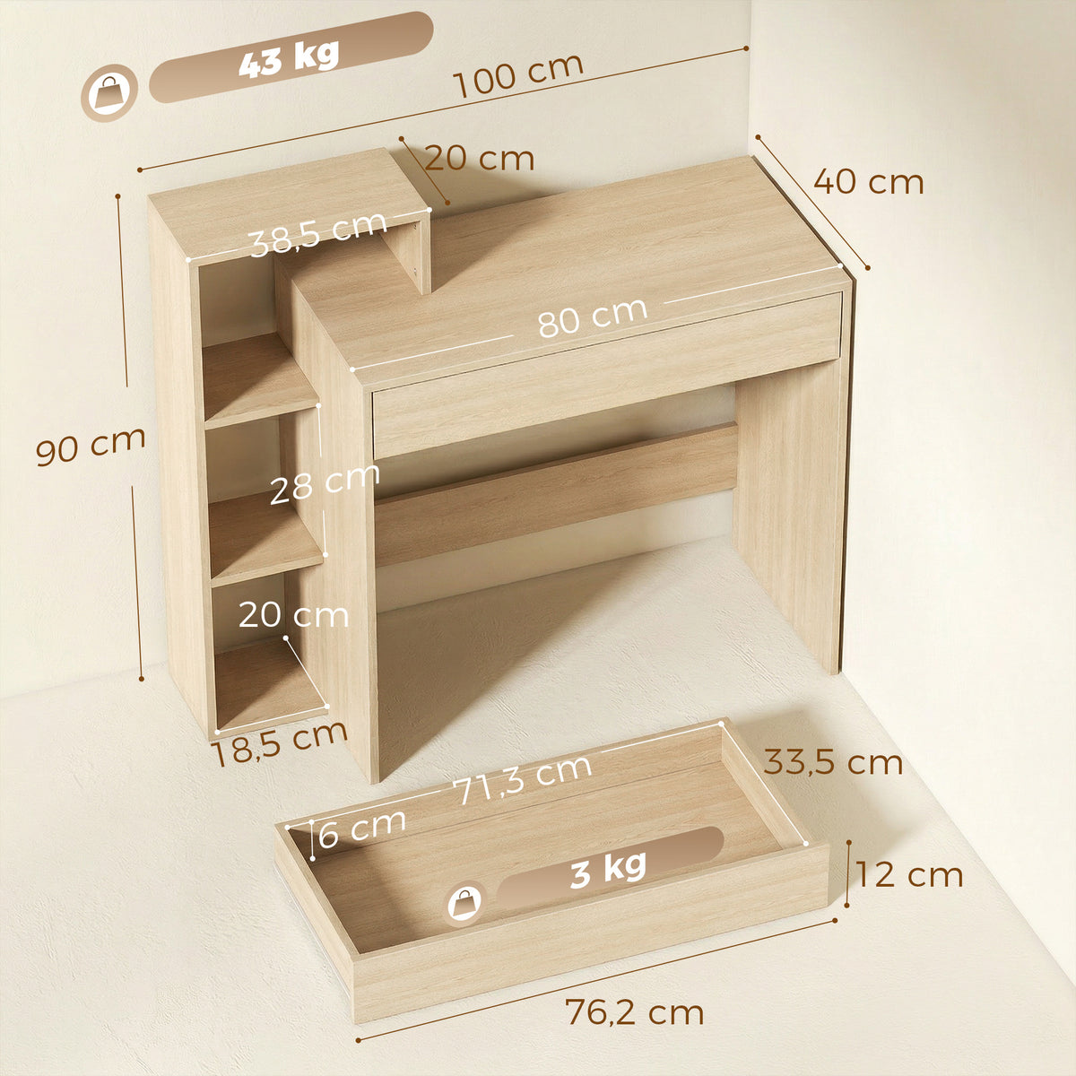 Bureau avec rangement, bureau d'ordinateur avec 3 étagères de rangement et tiroir, 100 x 40 x 90 cm, bois naturel-2