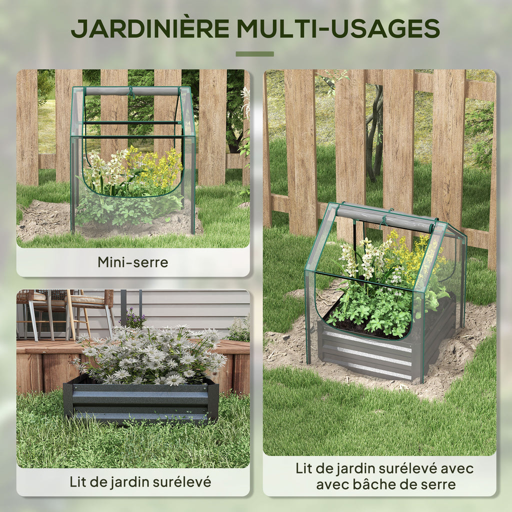 Carré potager de jardin avec mini serre, jardinière surélevée en acier galvanisé, 70 x 70 x 90 cm, gris foncé-3