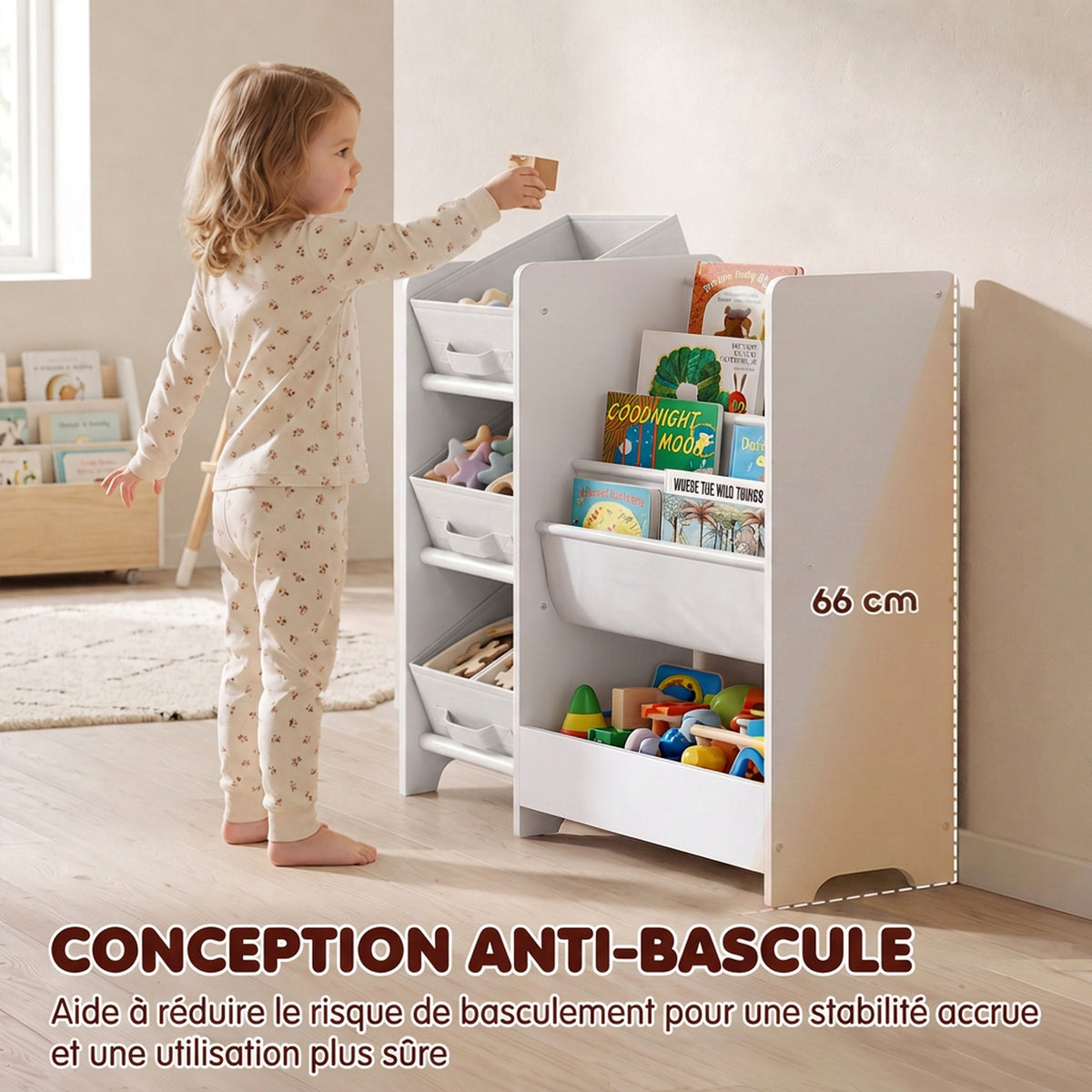 Meuble Rangement Enfant à 3 Niveaux avec 4 Porte-livres, 3 Bacs en Tissu et Compartiment, 64,5 x 30 x 66 cm, Blanc-4