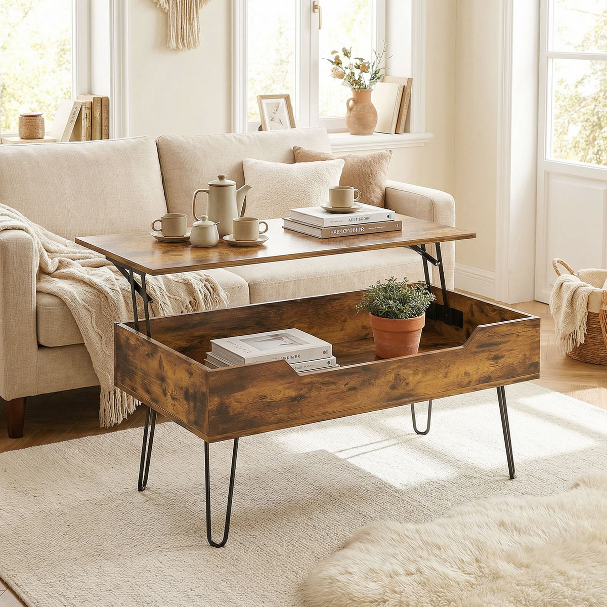 Table Basse Relevable en Bois avec Grand Rangement Caché, Hauteur Réglable, 95 x 50 x 40 cm, Marron Rustique-1