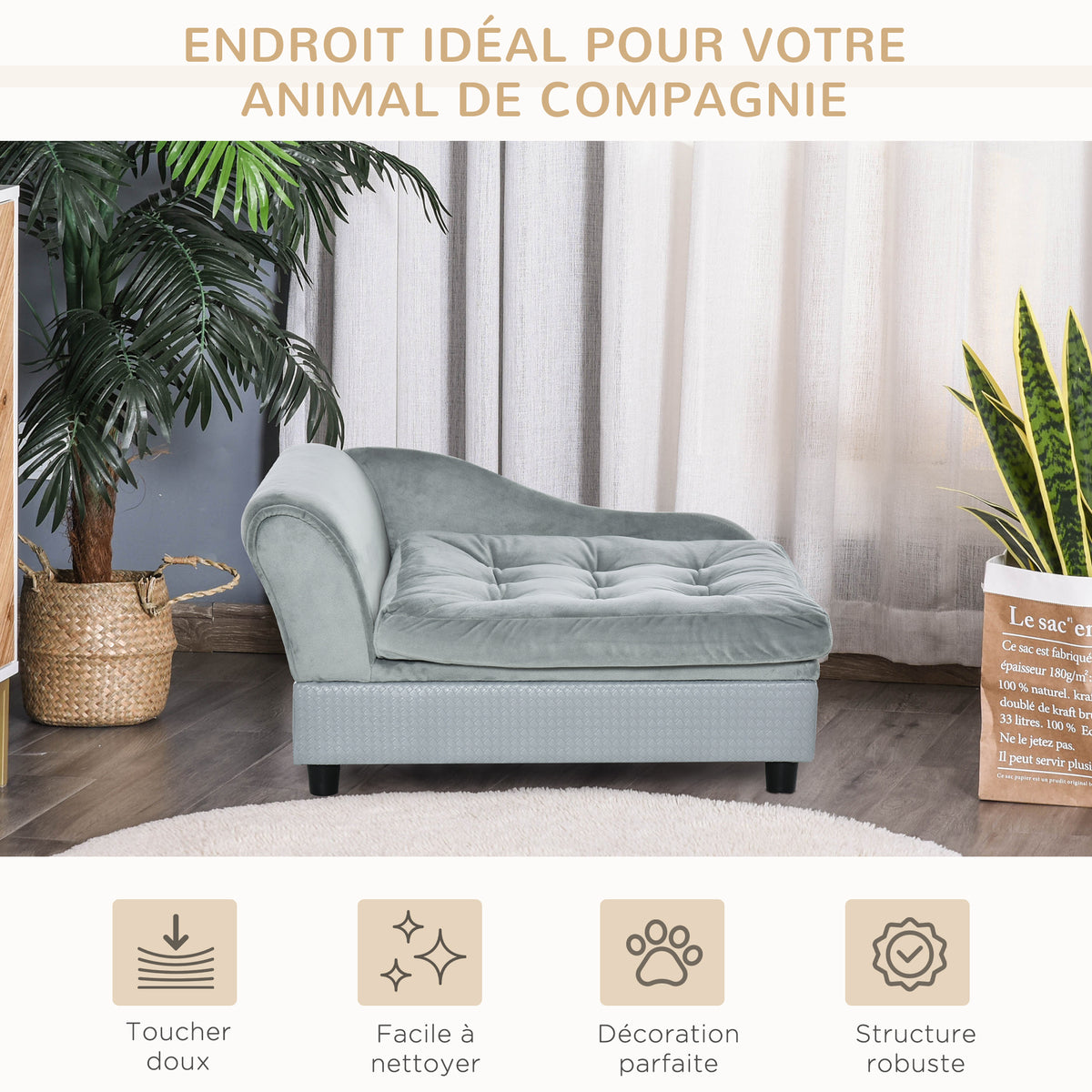 Canapé Chien Chat sur Pied avec Coffre de Rangement Style Moderne Coussin d'assise Amovible Grand Confort 76 x 45 x 43 cm gris clair-4