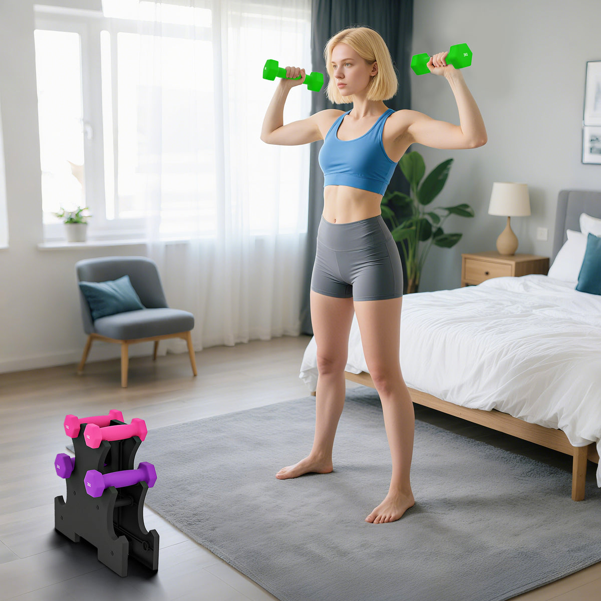 Ensemble d'haltères hexagonale avec support d'haltères, pour la musculation, 2 x 1kg, 2 x 2kg, 2 x 3kg-6