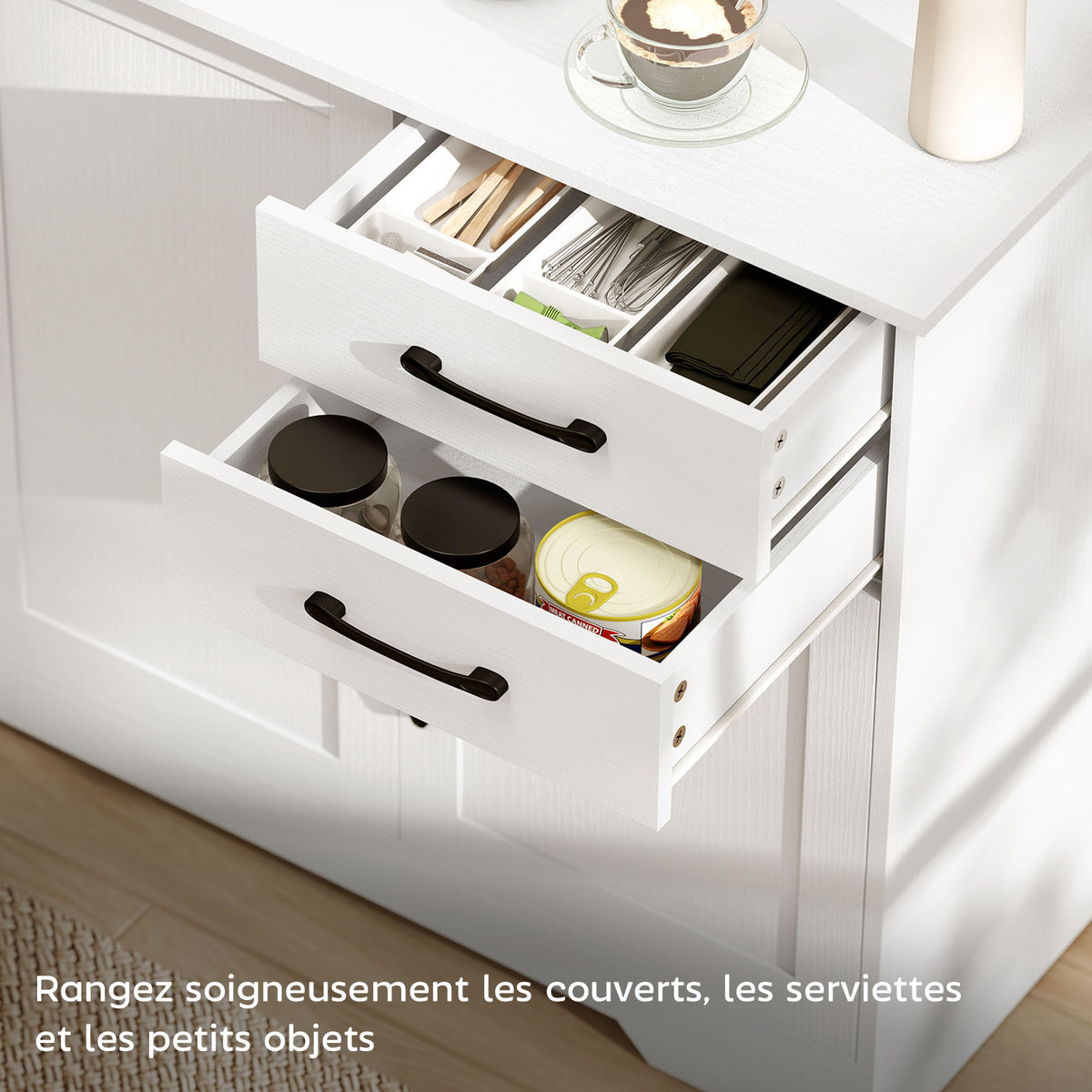 Buffet, meuble de rangement avec 3 portes, 2 tiroirs et étagère réglable, 120 x 38 x 79 cm, blanc-4