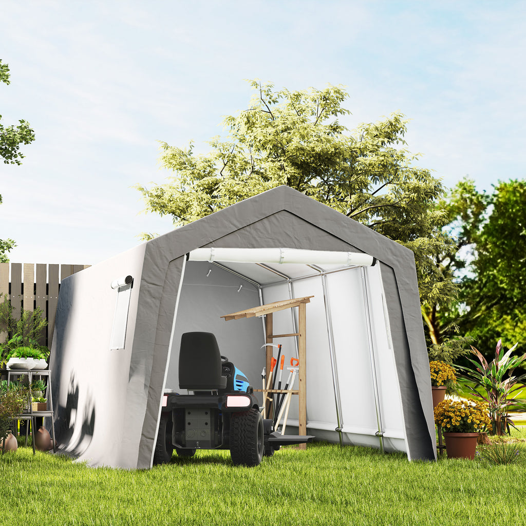 Abri de Rangement Extérieur 3 x 4,5 m, tente de stockage étanche et anti-UV, porte enroulable, fenêtres, gris-6