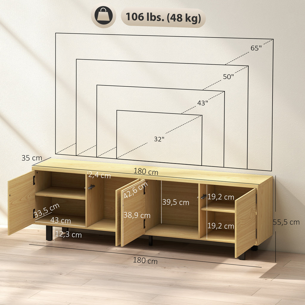 Meuble TV 180 cm, meuble télé pour 82 pouces avec 4 portes à ouverture par pression 180x35x55,5cm bois naturel-2