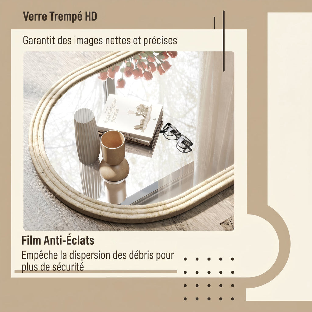 Miroir Mural Arqué, Miroir Moderne avec Bord Rainuré et Crochets, Verre Trempé et Polystyrène, 60 x 90 cm, Beige-5