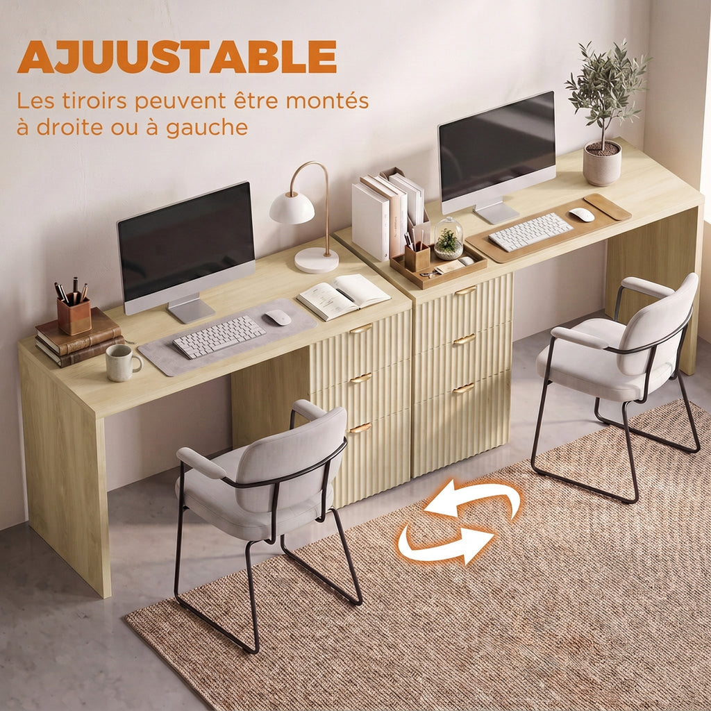 Bureau d'Ordinateur, Rangement Réversible, 3 Tiroirs Façades Ondulées, Plateau Épais et Spacieux, 120x50x76cm, Chêne-3