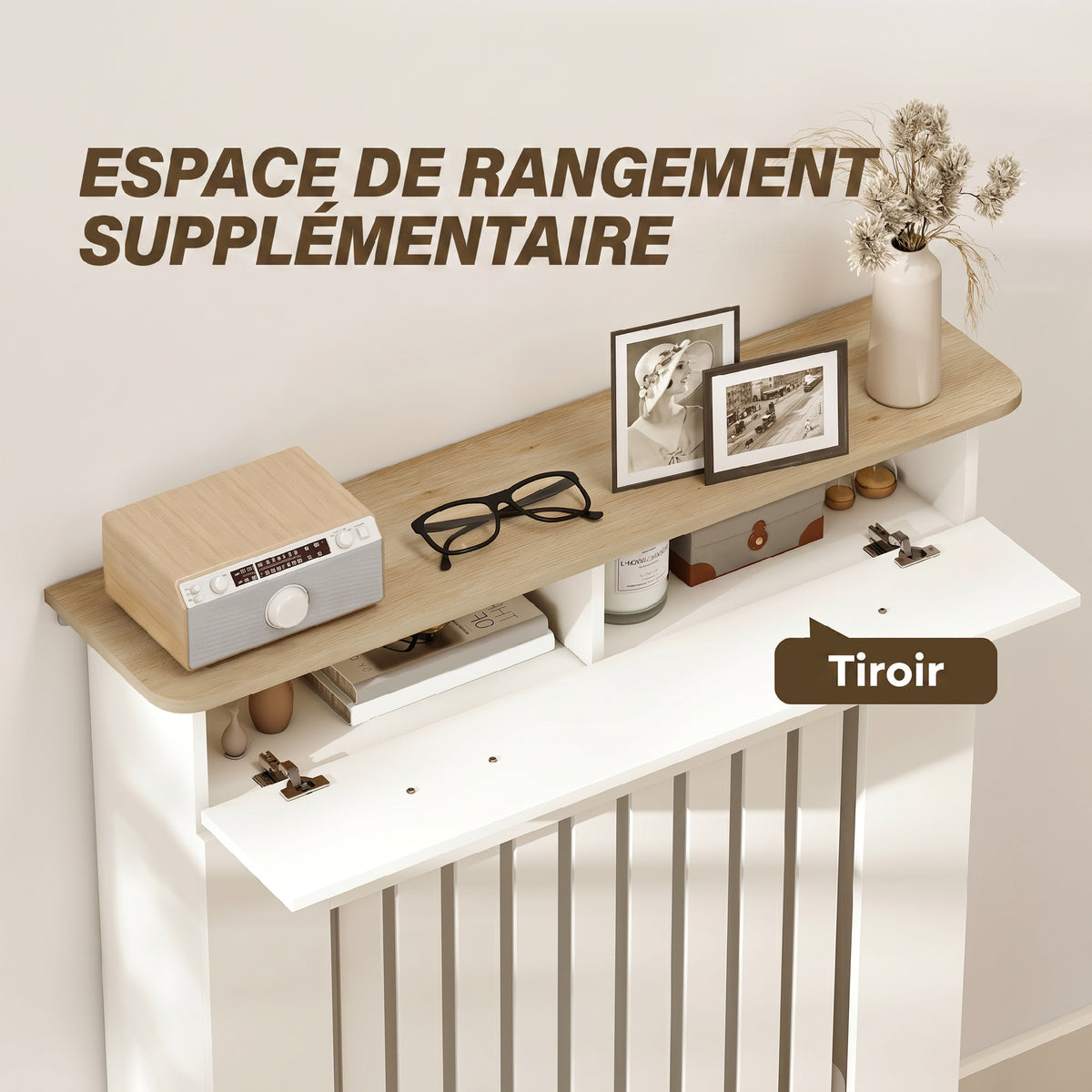Cache-radiateur avec tiroir de rangement, meuble cache-radiateur en bois à lattes verticales, 78 x 19 x 97 cm, blanc-5