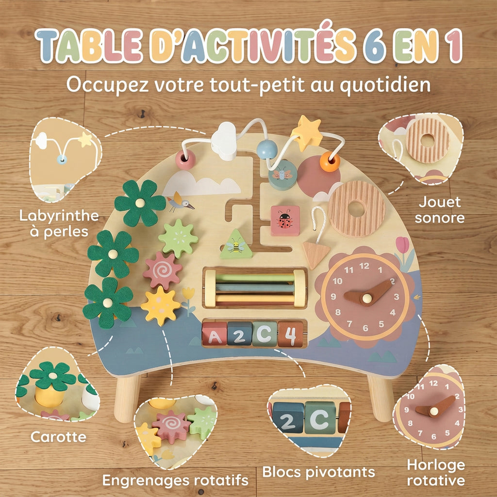 Table d'Activités en Bois pour Bébé 1-3 Ans 6 en 1 avec Engrenages, Labyrinthe de Perles, Horloge Rotative et Carottes-3
