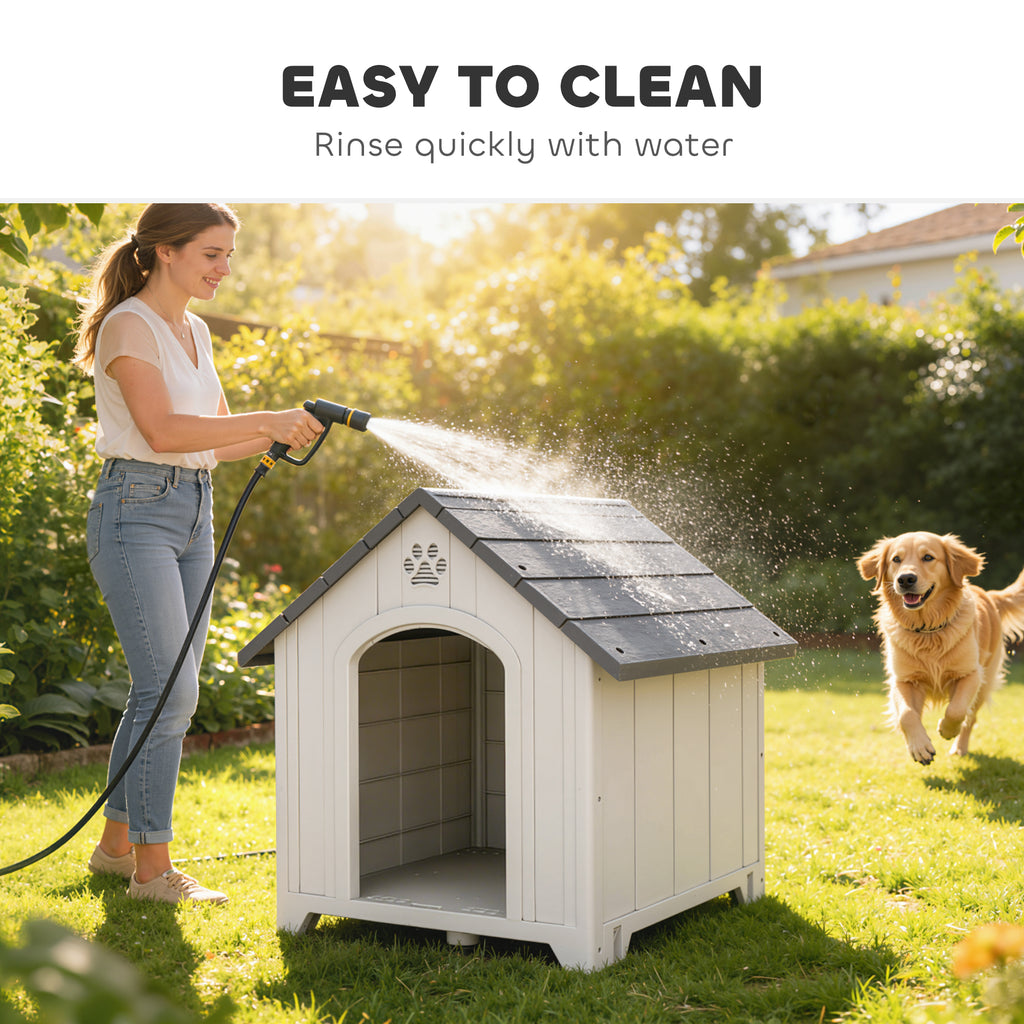 Niche pour chien extérieur, maison chien en polypropylène imperméable, ventilé, plancher surélevé, gris clair-8