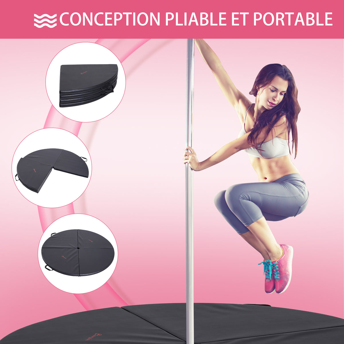 Tapis de pole dance pliable pole dance mat  Ø 150 cm épaisseur 5 cm revêtement plastique noir-3