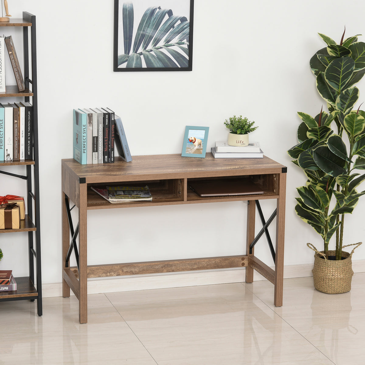 Bureau Design Industriel Grand Plateau 2 niches métal Noir Panneaux Particules Imitation Bois veinage Marron-1