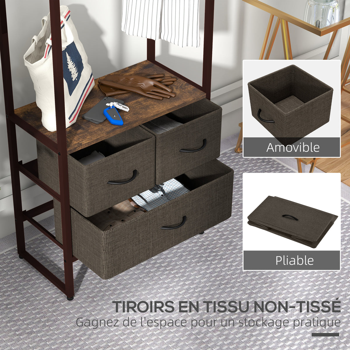 Portant à vêtements avec 3 tiroirs en tissu, étagères de rangement et tringle de suspension, 58,5 x 30 x 178 cm, marron-4