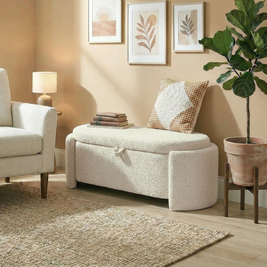 Banc de rangement, bout de lit ovale en polaire Teddy avec assise large, 129 x 48,5 x 44 cm, crème-7