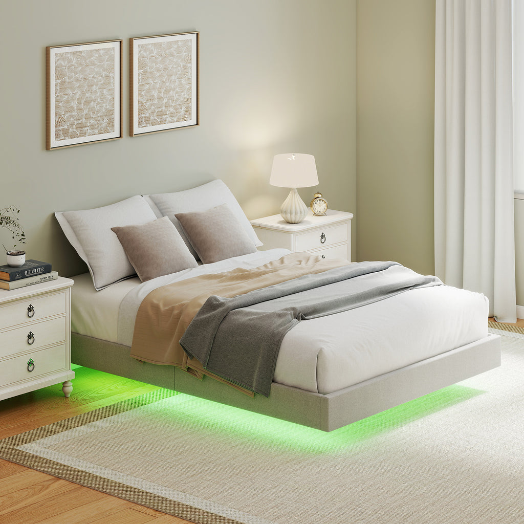 Cadre de lit flottant 140 x 190 cm avec éclairage LED, lit double rembourré en lin, sommier à lattes en bois, beige-1