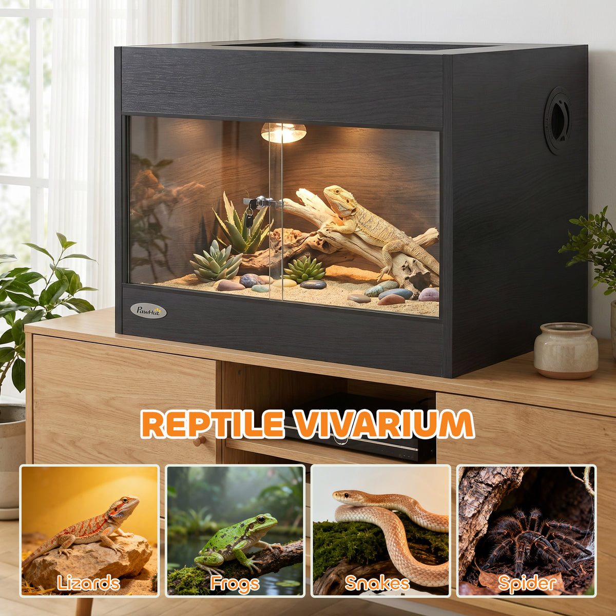 Terrarium pour Reptiles en Bois OSB, Porte en Verre Trempé, Serrure Sécurisée et Couvercle en Filet, 60x45x45cm, Noir-7