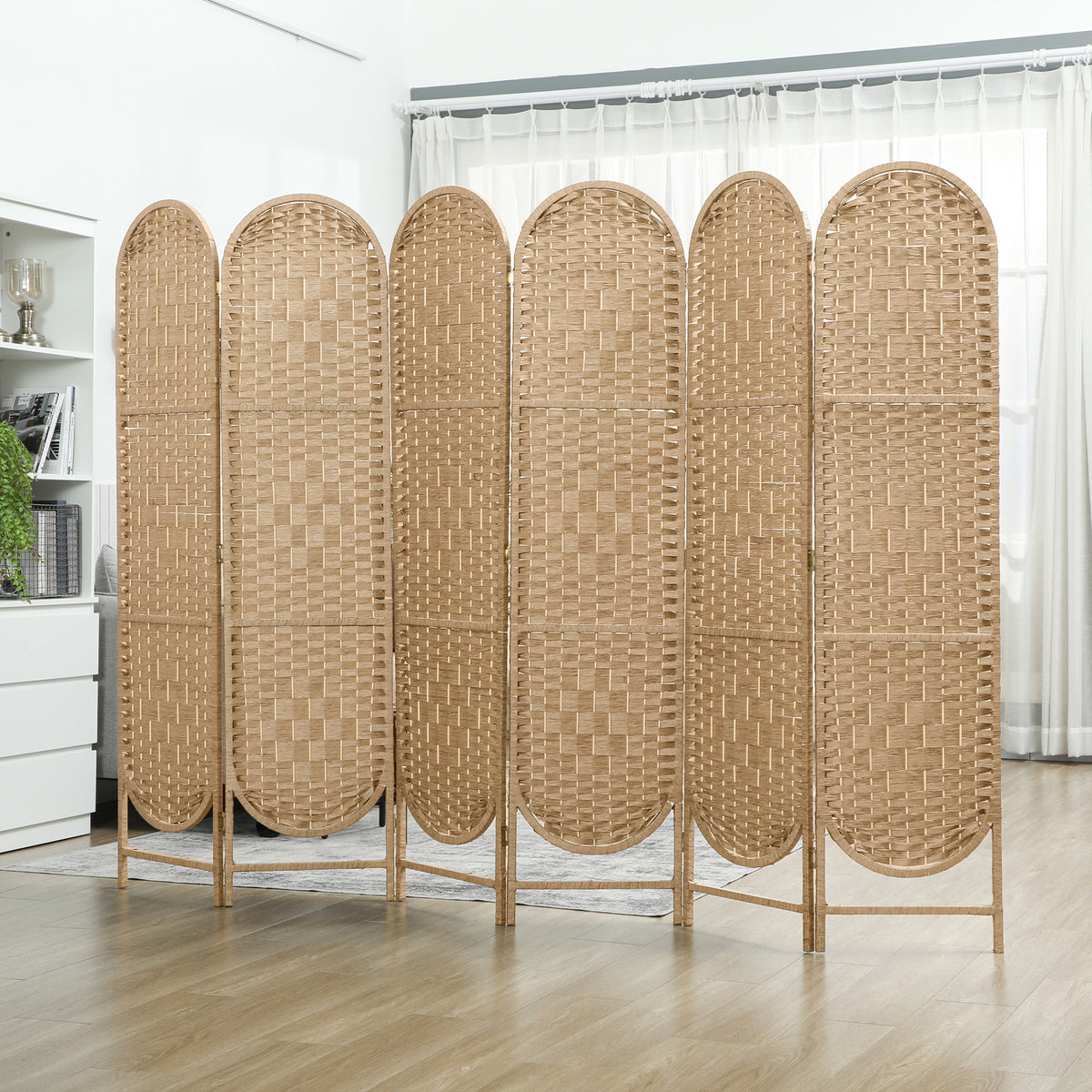Paravent interieur ovale 6 panneaux 240 x 170 cm séparateur de pièce pliable, léger et tissé, bois naturel-1