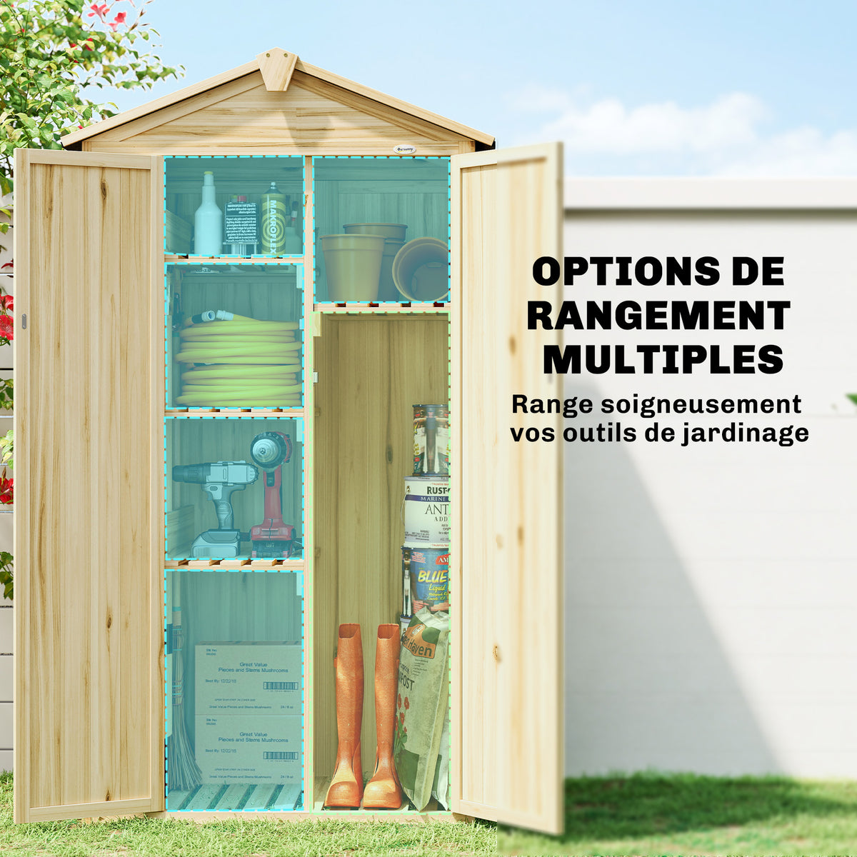 Armoire de Jardin Extérieur en Bois 3 Portes, 4 Étagères, Toit à Pignon, Compartiment, 93x53x168cm, Naturel-4
