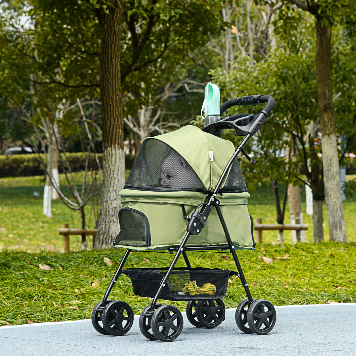 Poussette buggy pliable chien chat panier rangement porte-gobelets tissu 300D Oxford imperméable 4 roues vert-7