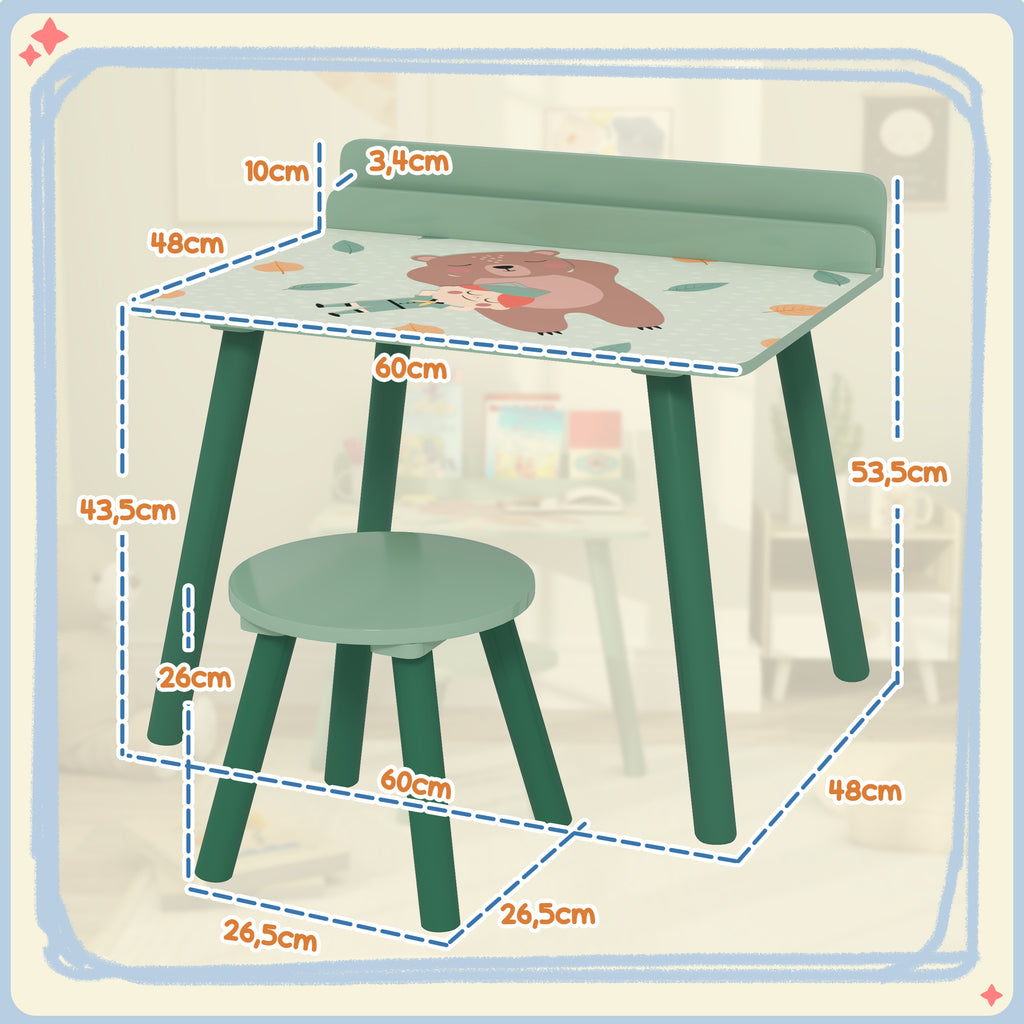 Ensemble table et chaise enfant table pour enfant avec chaise avec porte-livres motifs d'ours pour enfants 3-8 ans vert-2