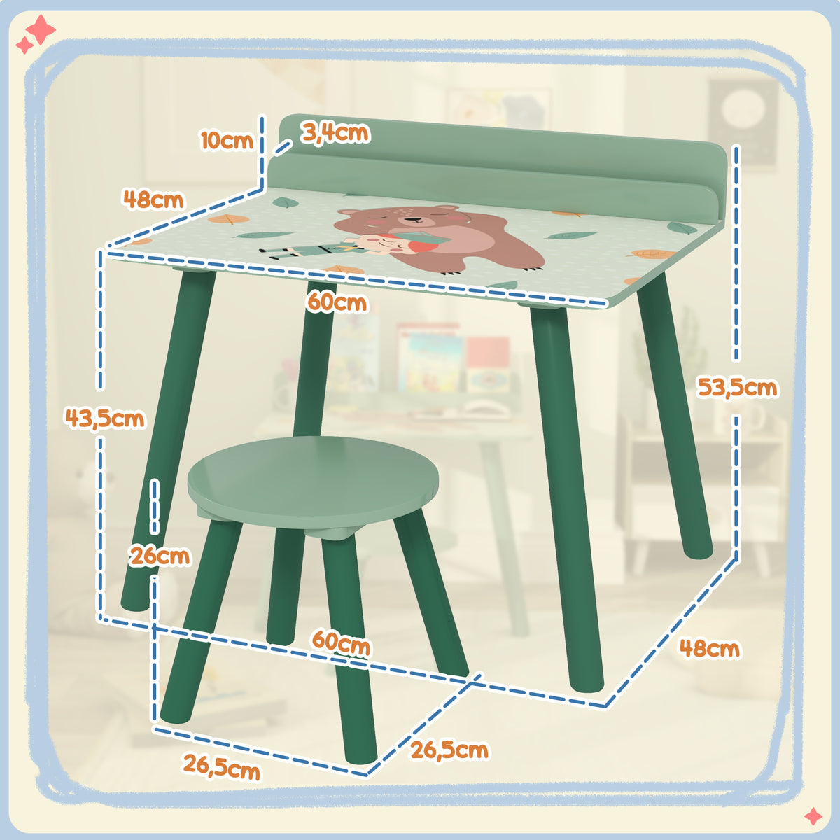Ensemble table et chaise enfant table pour enfant avec chaise avec porte-livres motifs d'ours pour enfants 3-8 ans vert-2