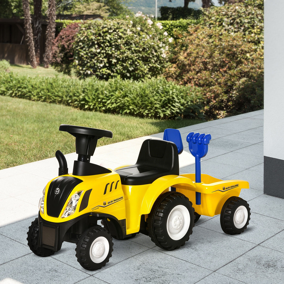 Porteur tracteur enfants avec coffre amovible, râteau et pelle, voiture enfants avec lumière LED et klaxon, jaune-1