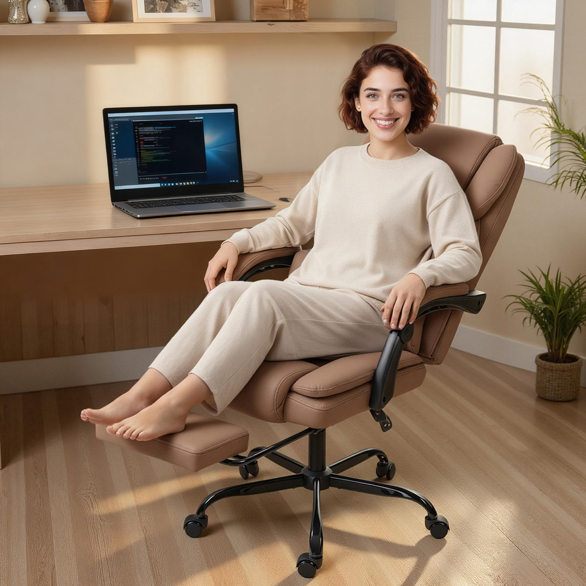 Chaise bureau ergonomique, fauteuil de bureau avec dossier inclinable, hauteur réglable, 65x67x111-119cm, marron-9