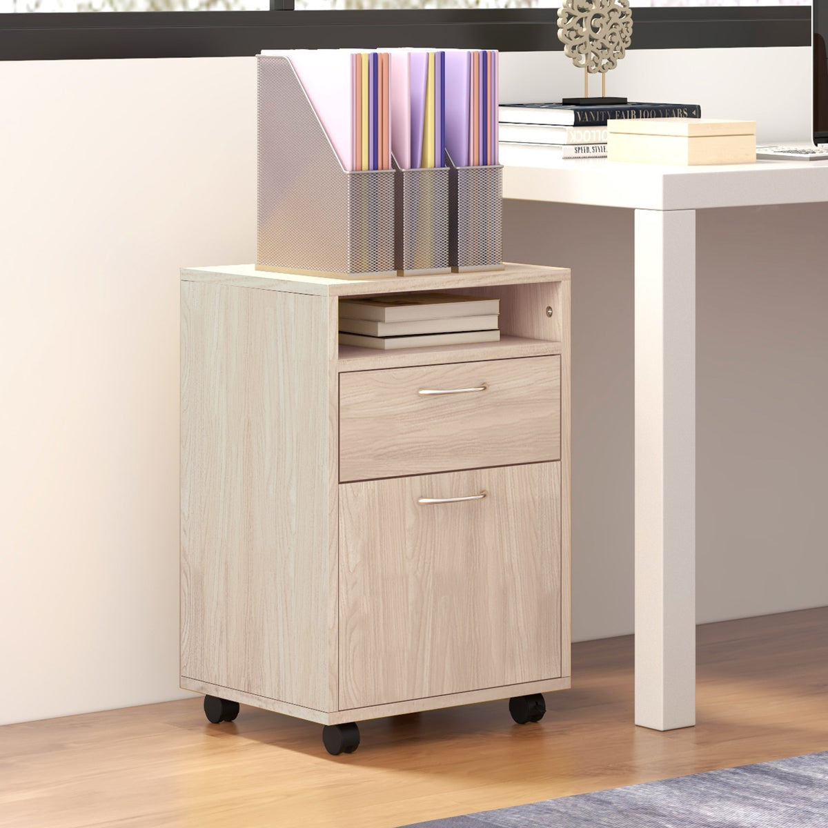 Caisson de bureau à roulettes avec tiroir placard et niche pour documents et dossier suspendu 40 x 35 x 60 cm chêne-9