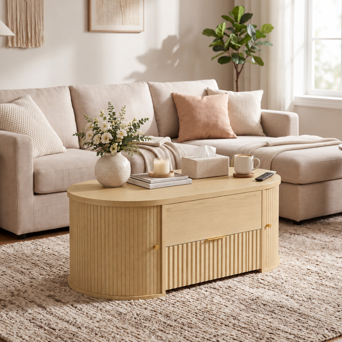 Table Basse Relevable Ovale, Compartiment Caché, Tiroir Cannelé, Portes Coulissantes et Placards, 100x50x40cm, Chêne-9