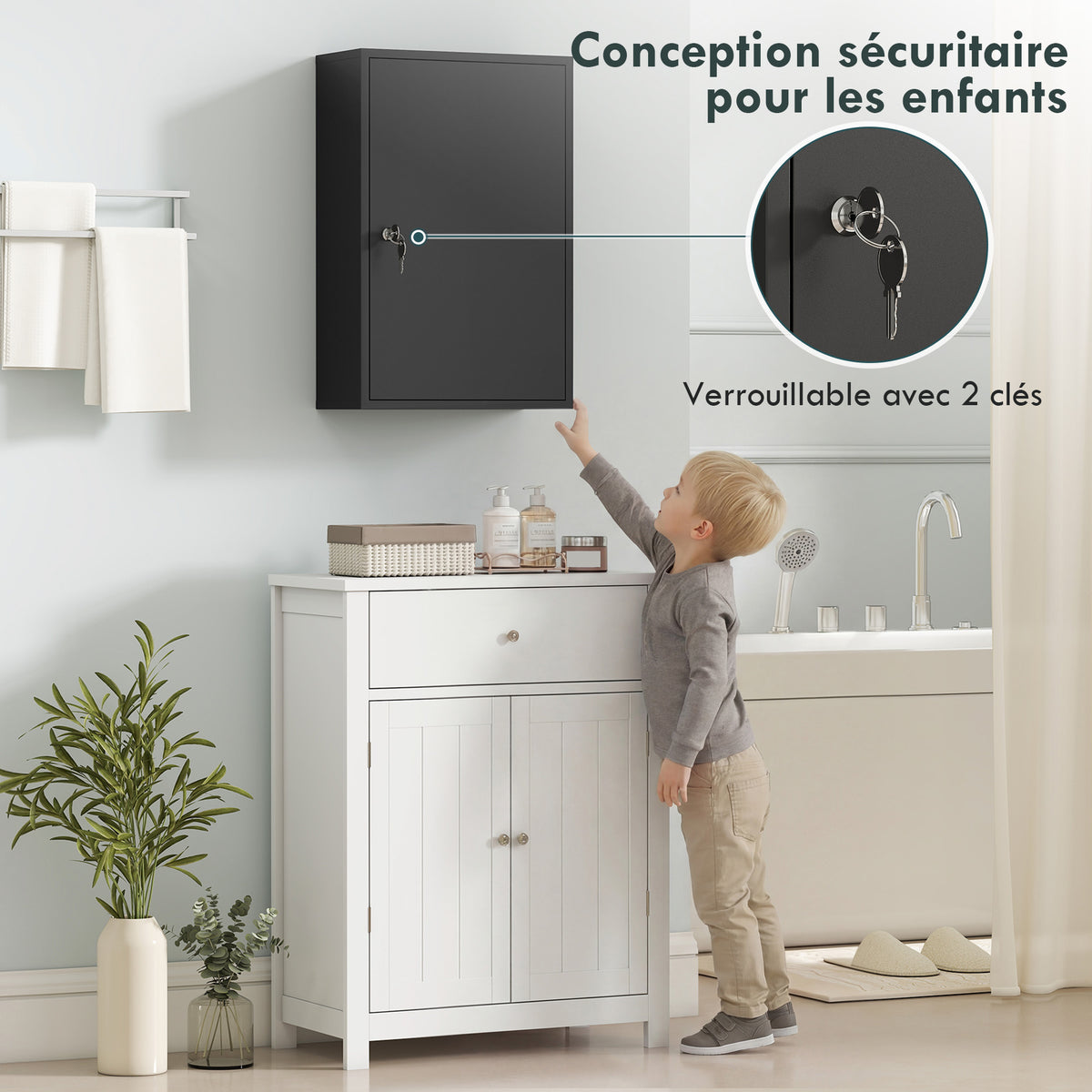 Armoire à Pharmacie 2 Étagères 3 Niveaux Verrouillable, Dim. 40L x 18l x 60H cm, 2 Clés, Métal, Noir-3