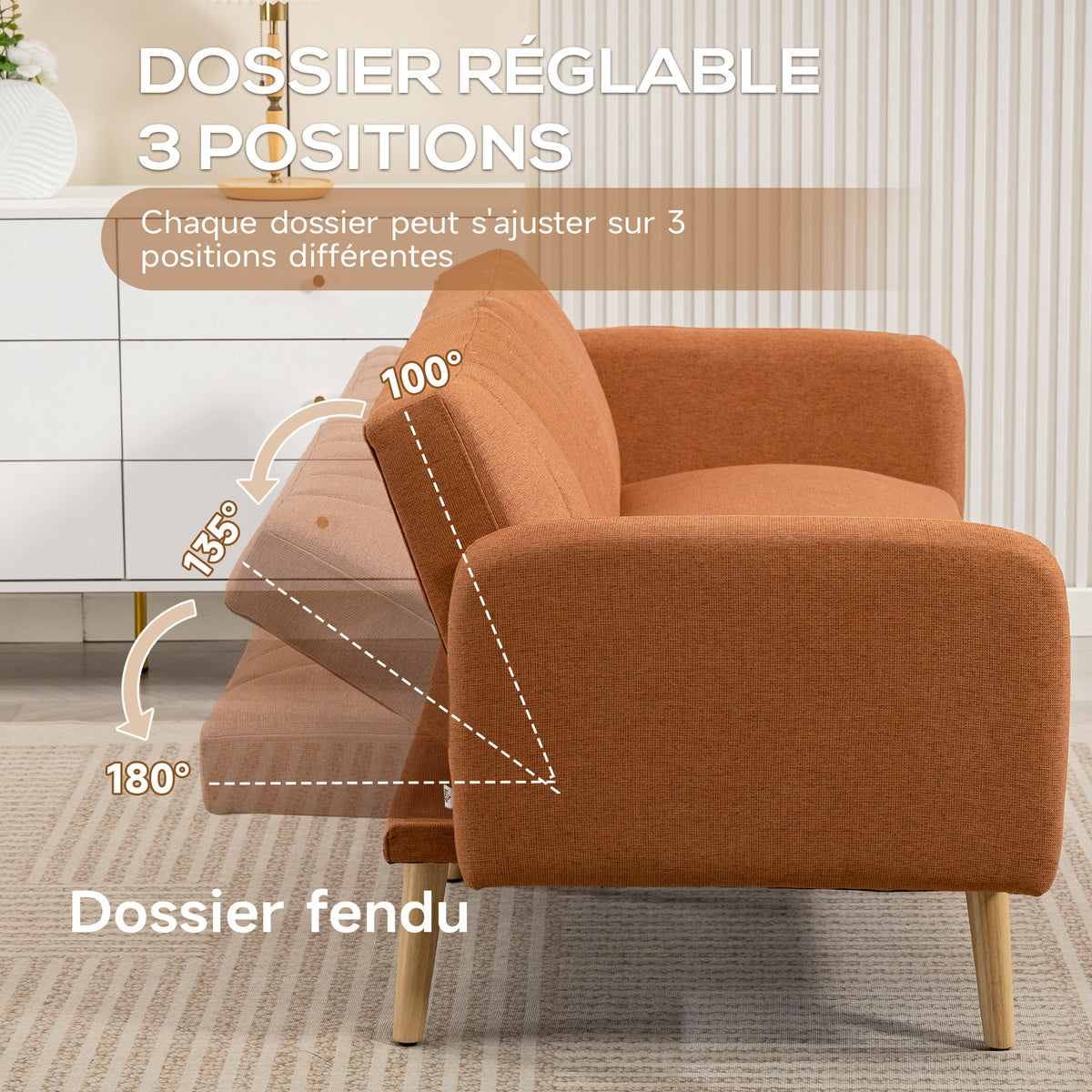 Canapé Convertible 2 Places Design scandinave Dossier inclinable 3 Positions Pieds Bois Tissu Aspect Lin marron-4