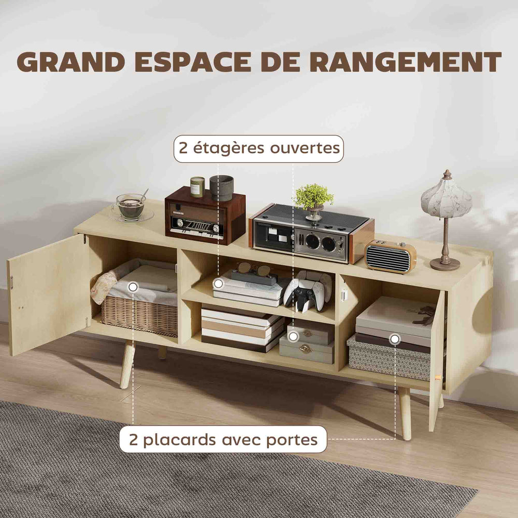 Meuble TV meuble télé pour téléviseur jusqu'à 55 pouces 2 placards et 2 étagères ouvertes 120x34x50cm effet bois naturel-3