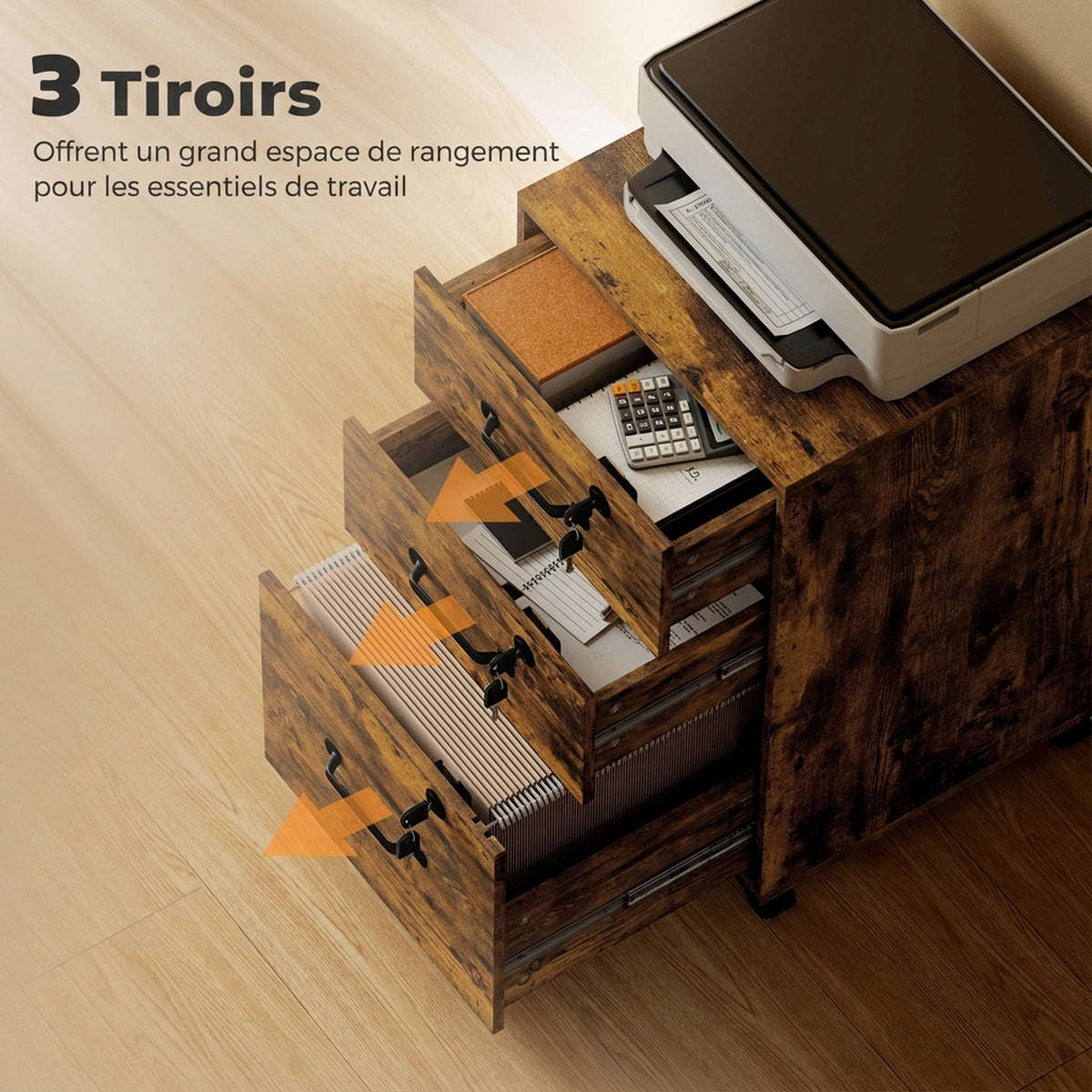 Caisson de Bureau Mobile avec 3 Tiroirs Verrouillables, Caisson de Rangement sur Roulettes, 40 x 40 x 69,5 cm, Marron-3