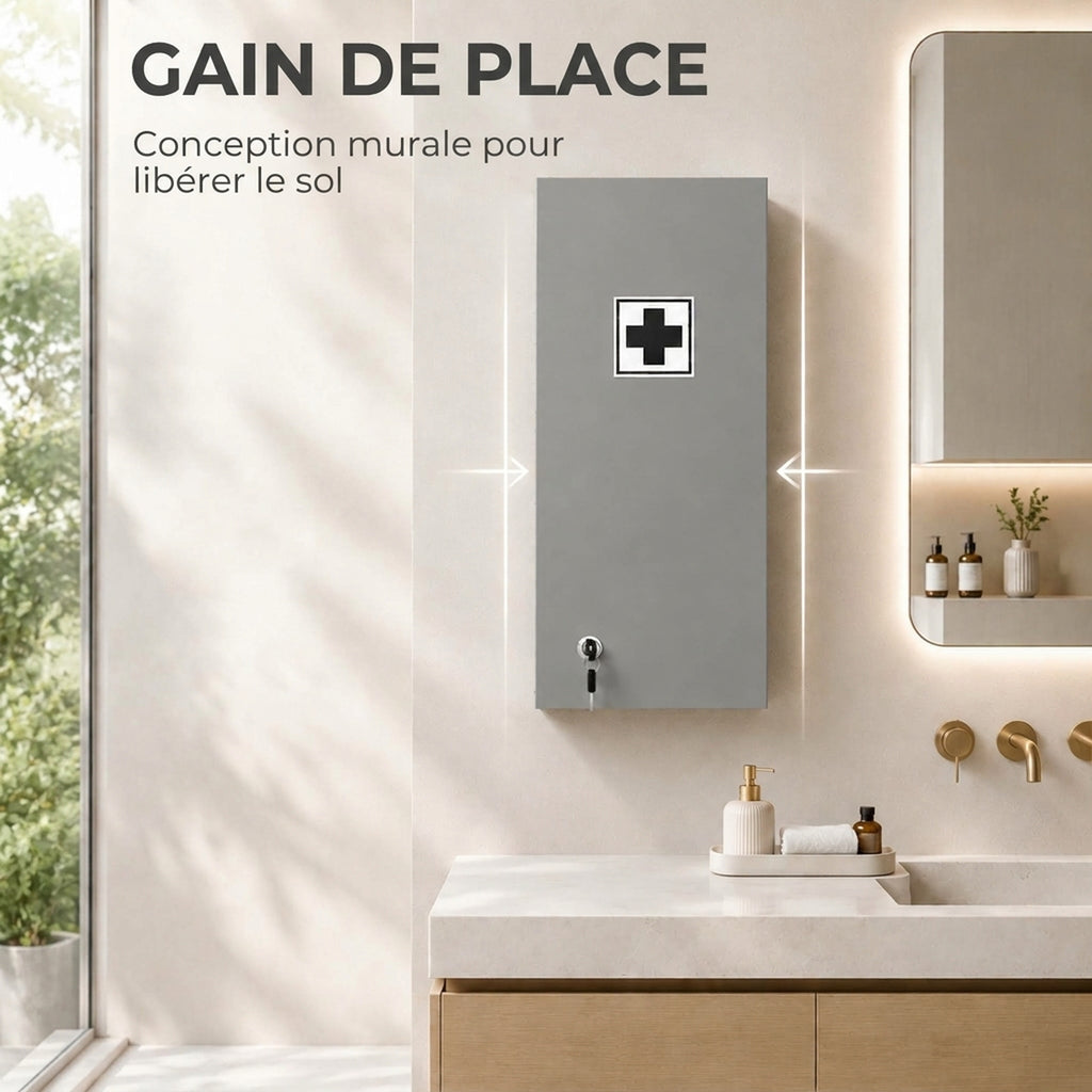 Armoire à pharmacie murale avec serrure, 5 étagères et tablettes réglables, bois et verre, gris, 30x20x70cm-3