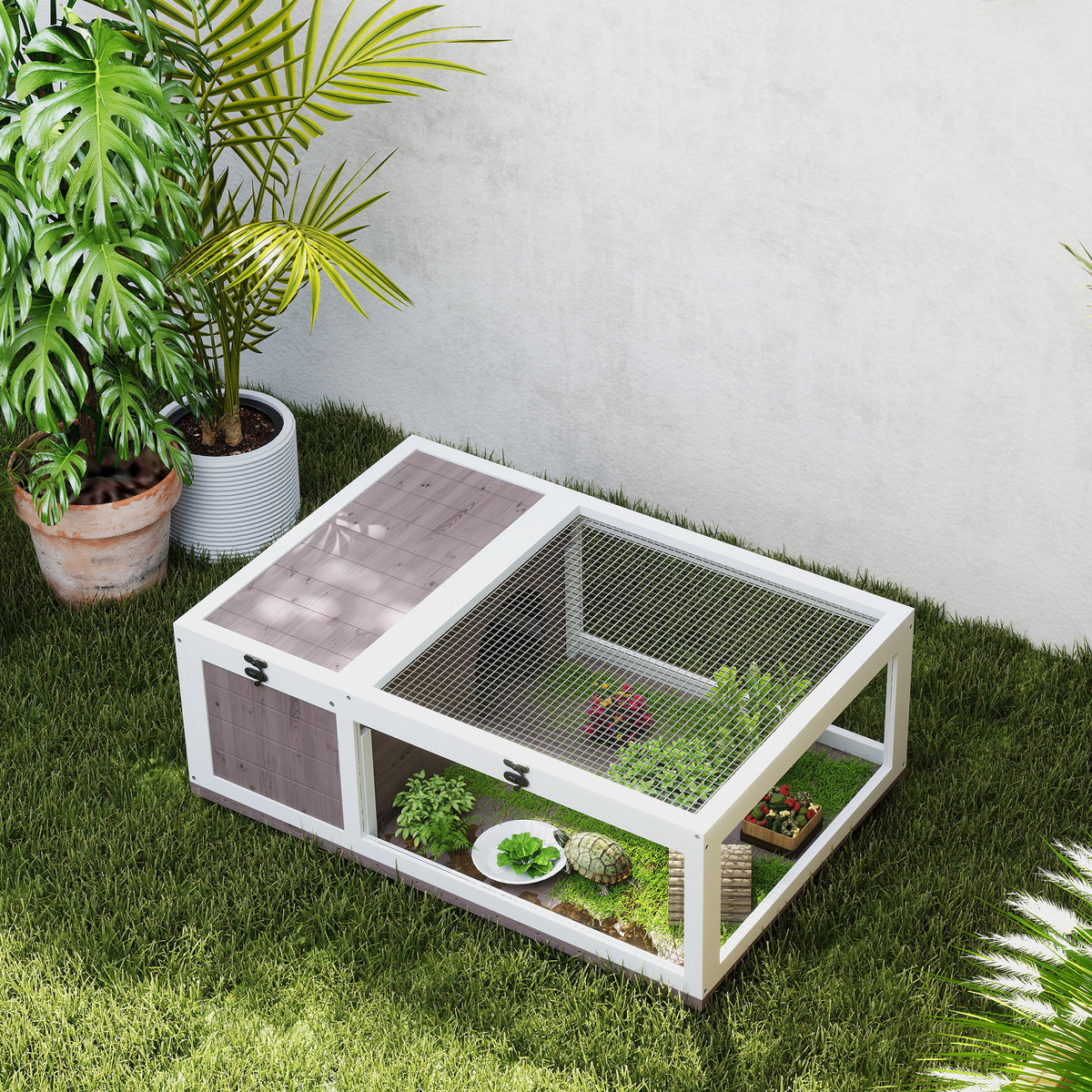 Maison enclos cage habitat pour petit animal tortues avec 2 espaces 91 x 60,5 x 32 cm bois massif marron clair-7